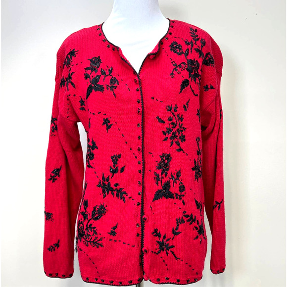 Vintage Cardigan Sweater Small Red Black Heirloom Collection Beaded Embroidered - Picture 1 of 9
